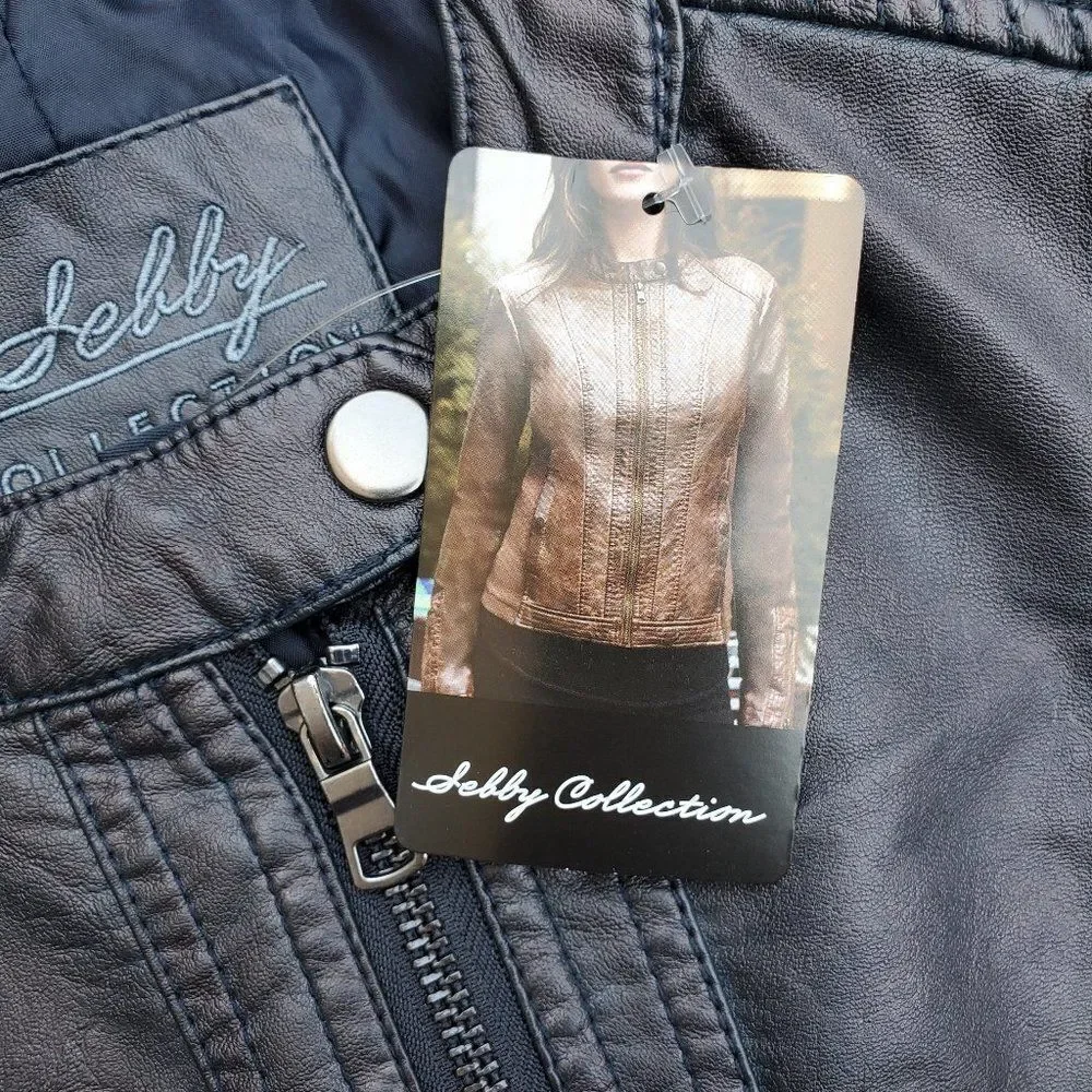 Sebby Collection blue faux leather moto jacket - Picture 16 of 16